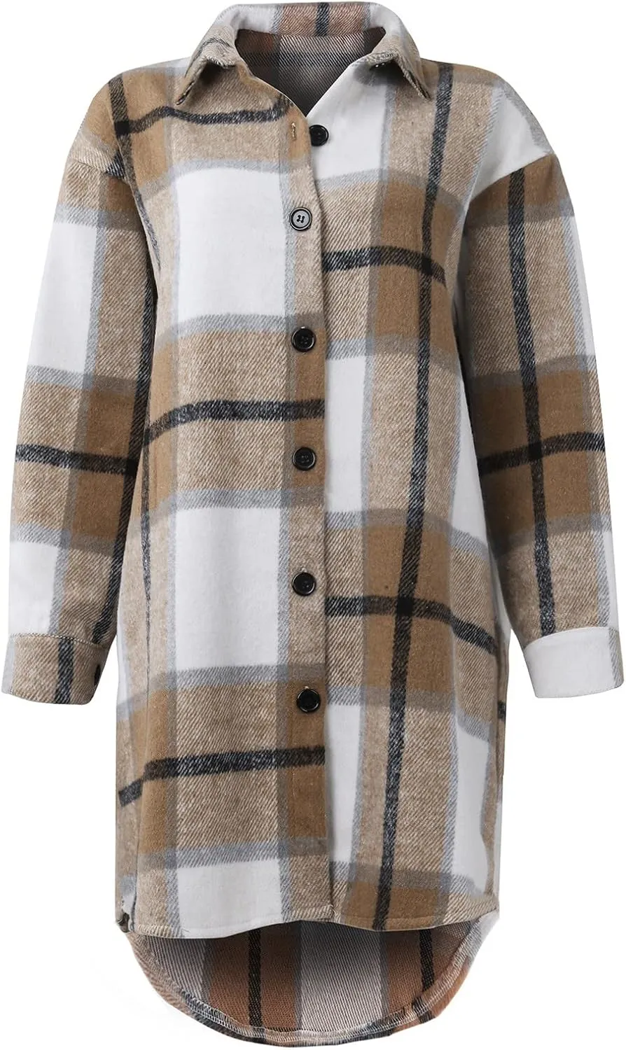 Women's Button Down Flannel Shirts Plaid Shacket Long Sleeve Buffalo Plaid Collared Long Jacket Cardigan Coats