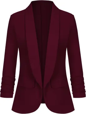 Women's Casual Open Front Blazers Shawl Lapel Ruched 3/4 Sleeve Office Lightweight Blazer Jackets with Pockets