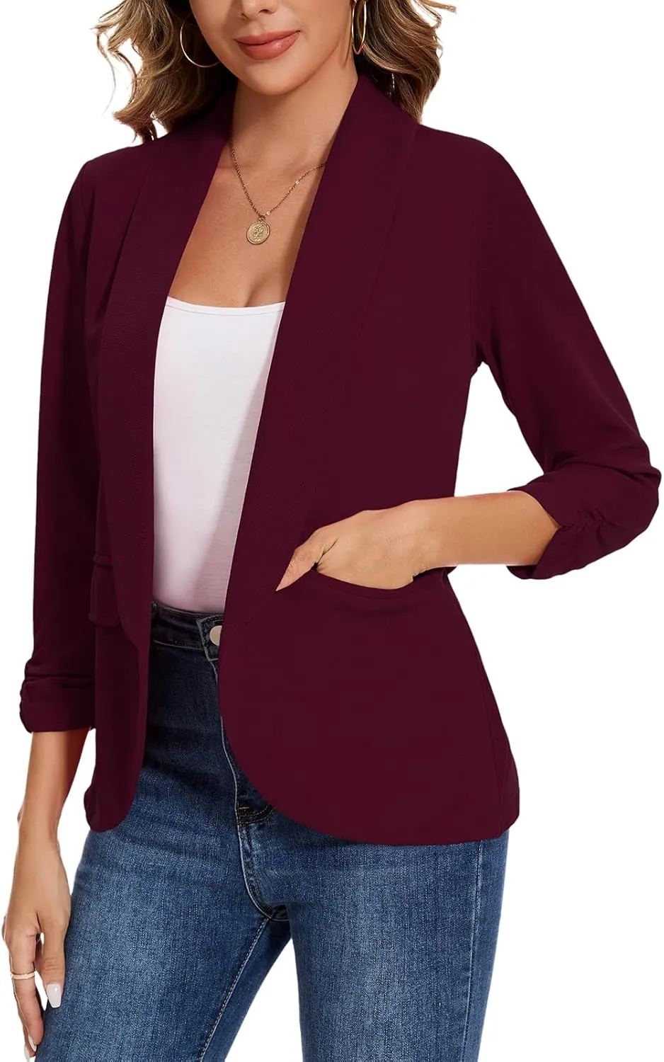Women's Casual Open Front Blazers Shawl Lapel Ruched 3/4 Sleeve Office Lightweight Blazer Jackets with Pockets