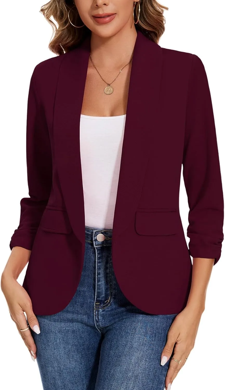Women's Casual Open Front Blazers Shawl Lapel Ruched 3/4 Sleeve Office Lightweight Blazer Jackets with Pockets