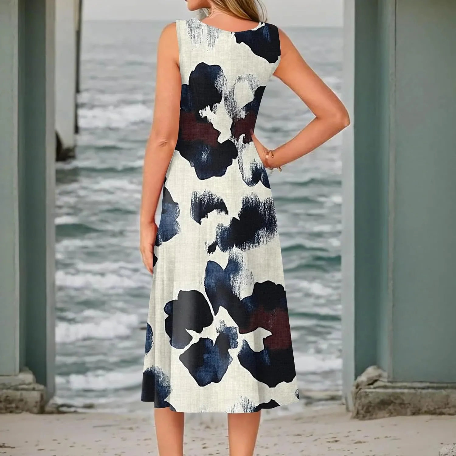 Women's Mid-Length Floral Printed Casual and Stylish Round Neck Sleeveless Solid Color Dress
