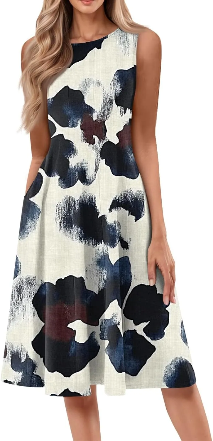 Women's Mid-Length Floral Printed Casual and Stylish Round Neck Sleeveless Solid Color Dress