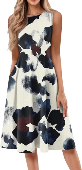Women's Mid-Length Floral Printed Casual and Stylish Round Neck Sleeveless Solid Color Dress