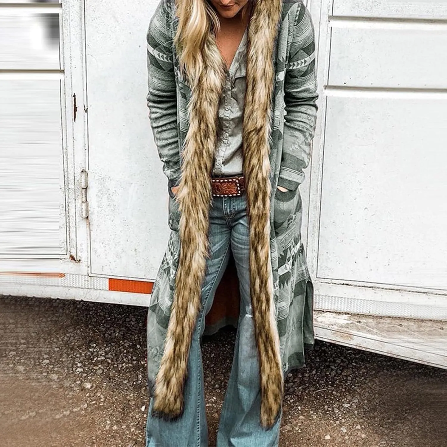 Women's Winter Long Jacket Open Front Cardigan Vintage Western Coats Faux Fur Trim Parka Outerwear with Pockets