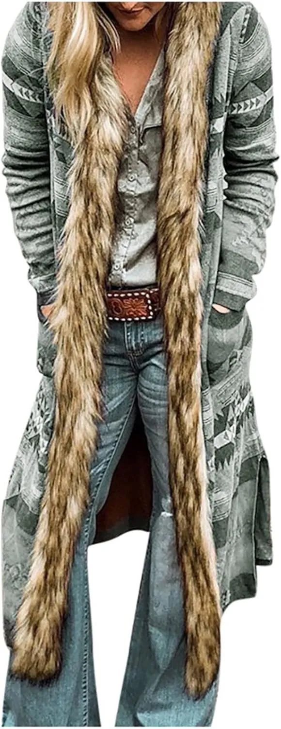 Women's Winter Long Jacket Open Front Cardigan Vintage Western Coats Faux Fur Trim Parka Outerwear with Pockets