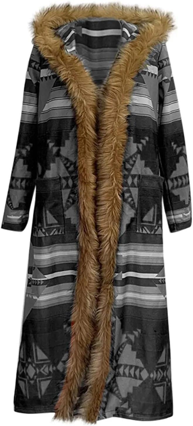 Women's Winter Long Jacket Open Front Cardigan Vintage Western Coats Faux Fur Trim Parka Outerwear with Pockets