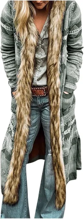 Women's Winter Long Jacket Open Front Cardigan Vintage Western Coats Faux Fur Trim Parka Outerwear with Pockets