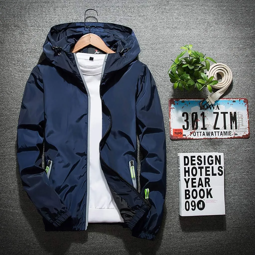 Ymosrh Mens Lightweight Rain Jacket Plus Size Hoodie Reflective Zipper Outdoor Sport Coat Winter Jackets for Men