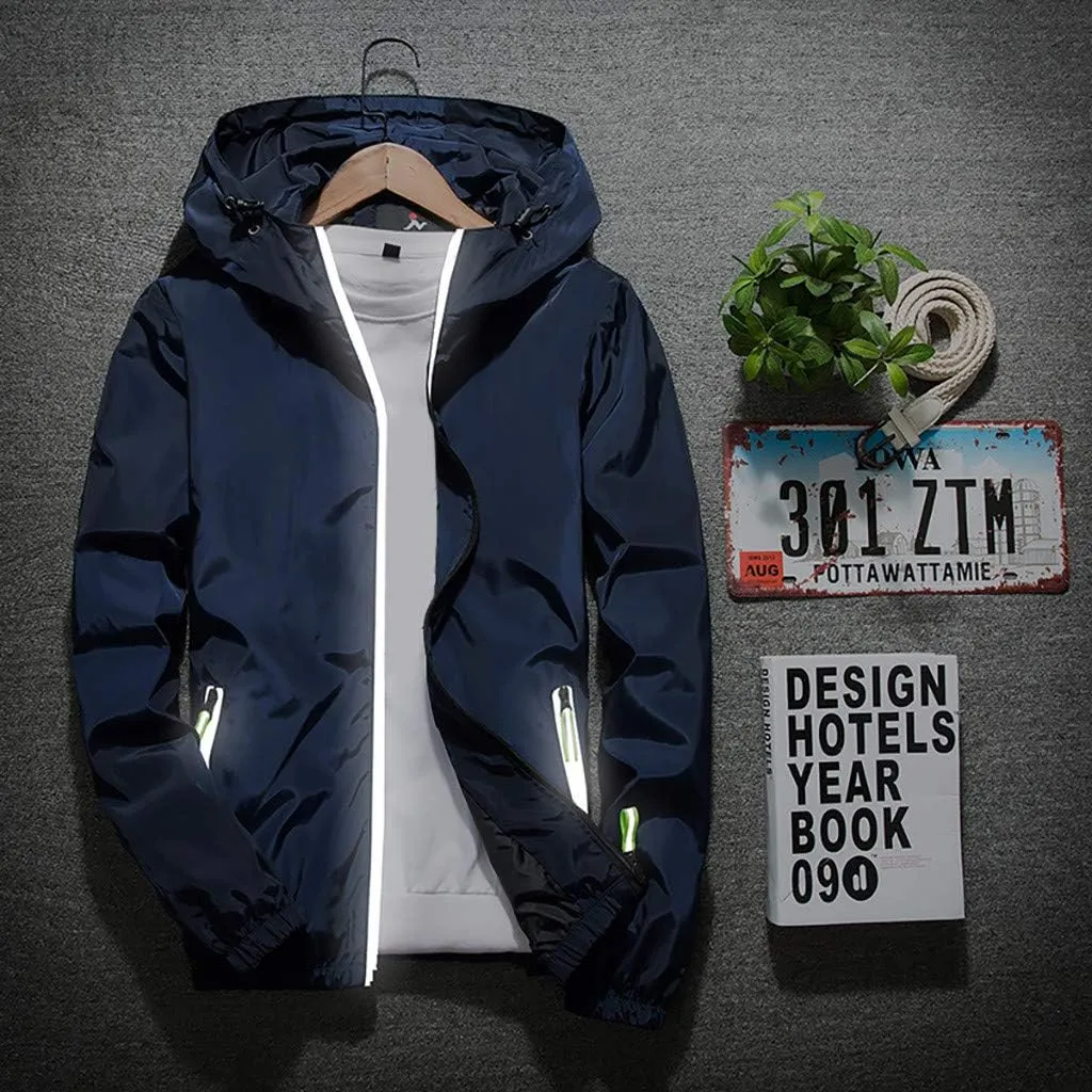 Ymosrh Mens Lightweight Rain Jacket Plus Size Hoodie Reflective Zipper Outdoor Sport Coat Winter Jackets for Men