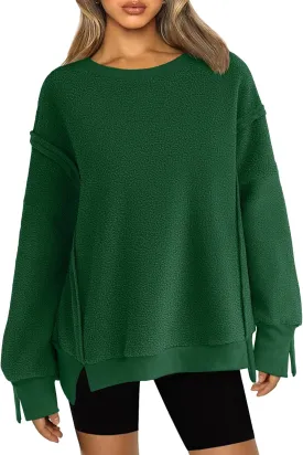 Zeagoo Womens Sherpa Jacket Oversized Fuzzy Sweatshirt Long Sleeve Lightweight Crewneck Fall Pullover Top Warm Winter Coats,Green,Xl